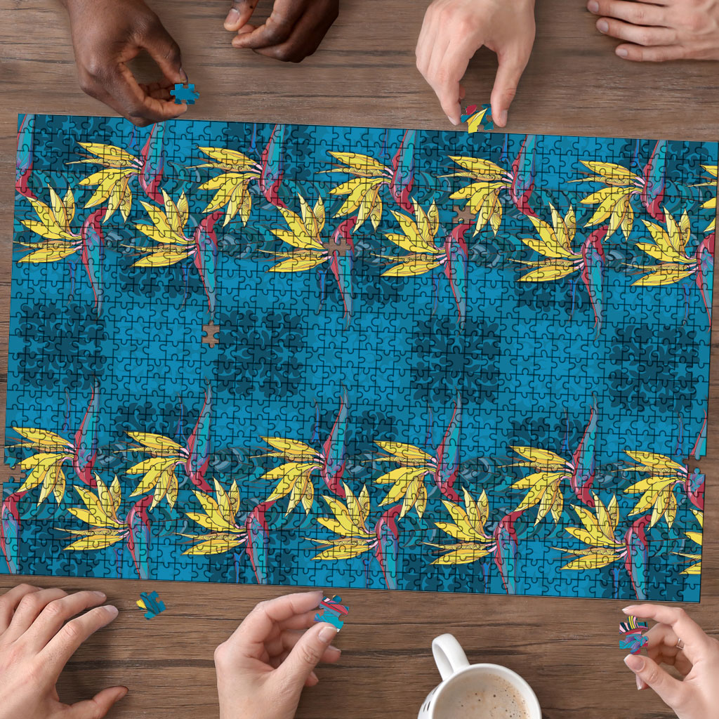 Hawaii Waikiki King Puzzle Blue Quilt With Pua Manu