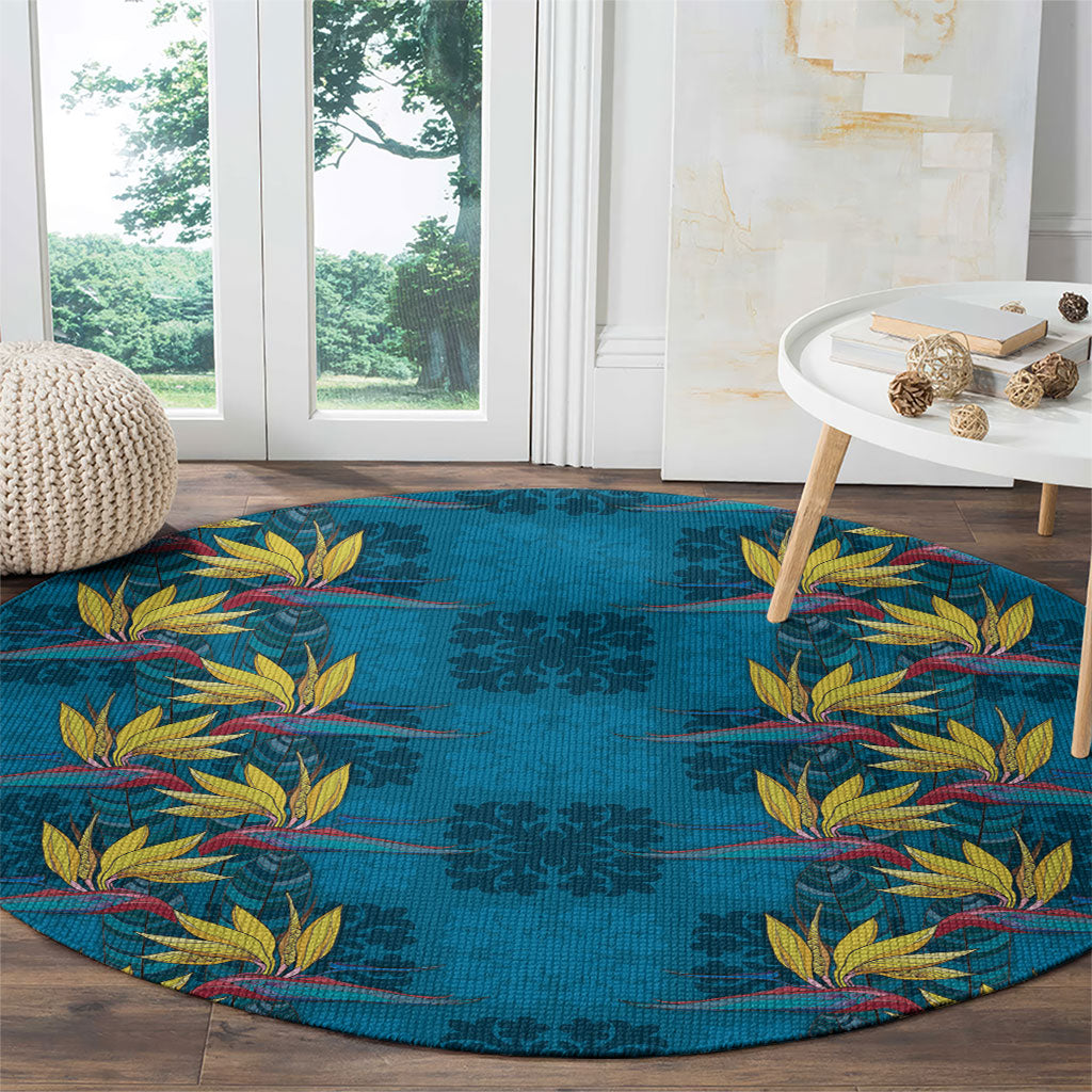 Hawaii Waikiki King Round Carpet Blue Quilt With Pua Manu