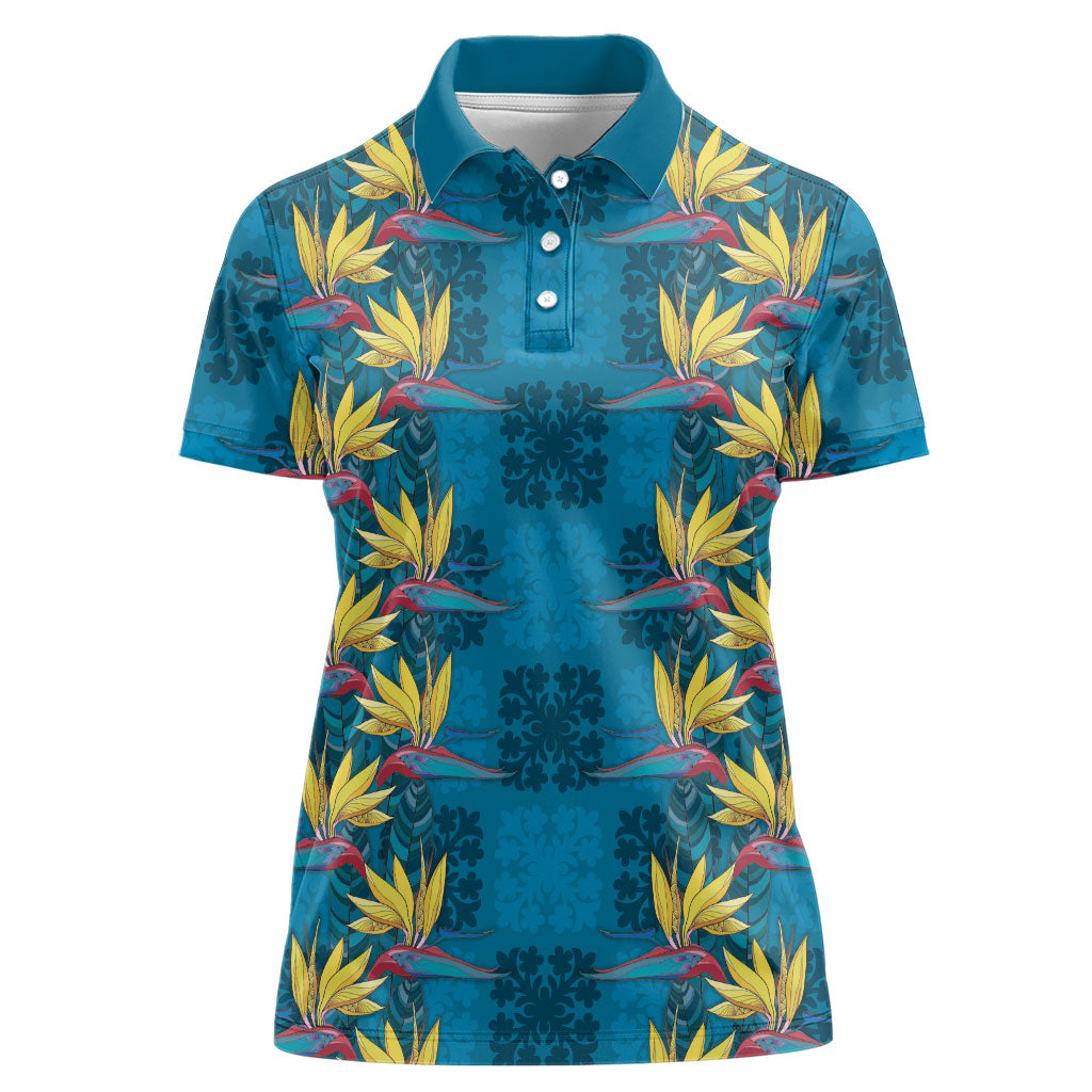 Hawaii Waikiki King Women Polo Shirt Blue Quilt With Pua Manu