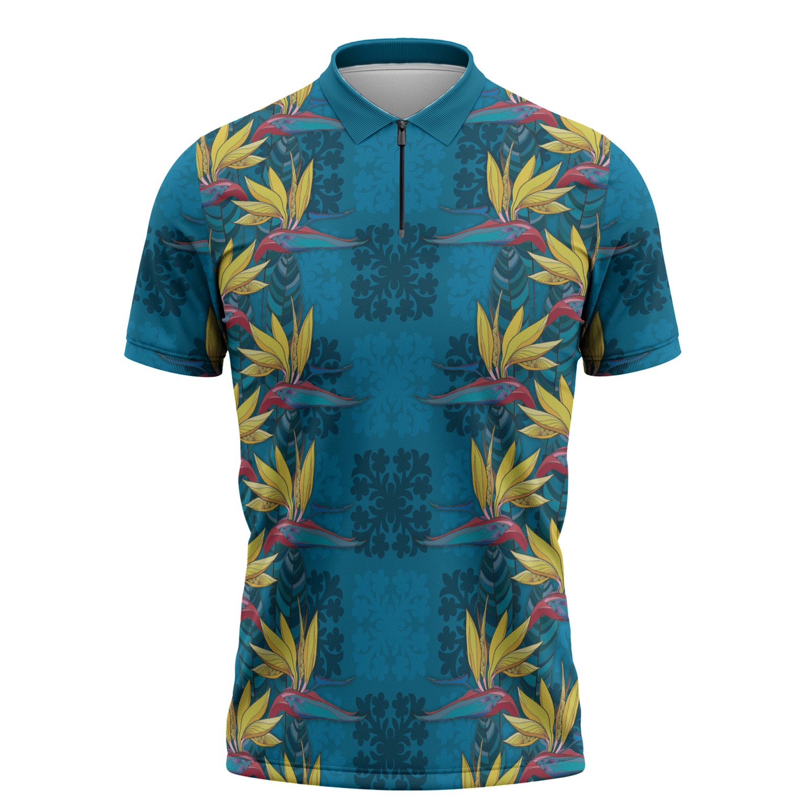 Hawaii Waikiki King Zipper Polo Shirt Blue Quilt With Pua Manu