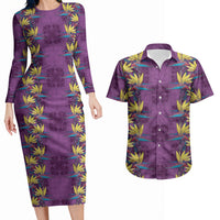 Hawaii Waikiki King Couples Matching Long Sleeve Bodycon Dress and Hawaiian Shirt Purple Quilt With Pua Manu LT05 Purple - Polynesian Pride