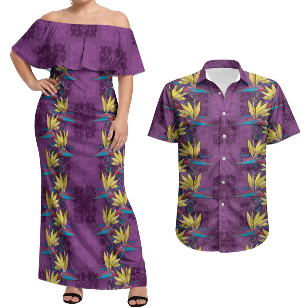 Hawaii Waikiki King Couples Matching Off Shoulder Maxi Dress and Hawaiian Shirt Purple Quilt With Pua Manu