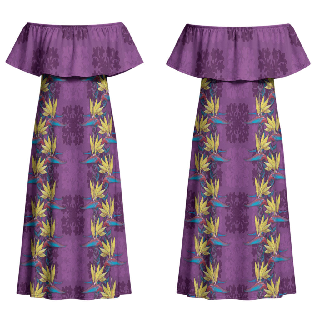 Hawaii Waikiki King Couples Matching Off Shoulder Maxi Dress and Hawaiian Shirt Purple Quilt With Pua Manu LT05 - Polynesian Pride