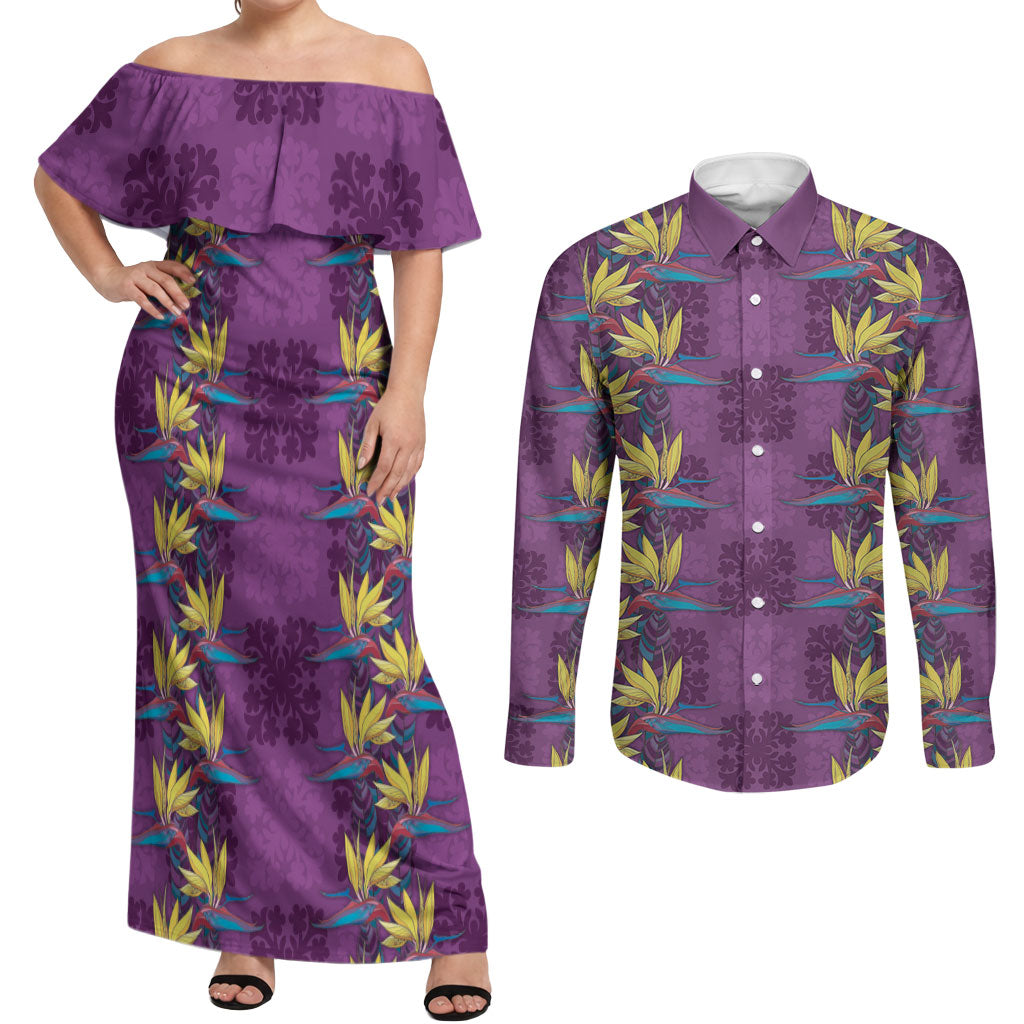 Hawaii Waikiki King Couples Matching Off Shoulder Maxi Dress and Long Sleeve Button Shirt Purple Quilt With Pua Manu
