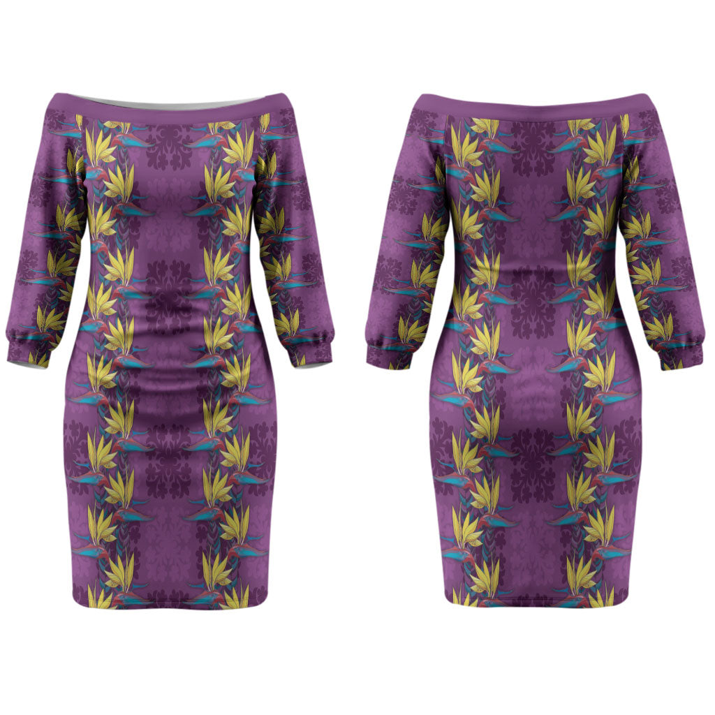 Hawaii Waikiki King Couples Matching Off The Shoulder Long Sleeve Dress and Hawaiian Shirt Purple Quilt With Pua Manu LT05 - Polynesian Pride