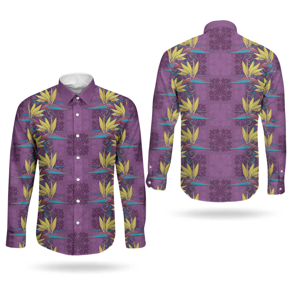 Hawaii Waikiki King Couples Matching Tank Maxi Dress and Long Sleeve Button Shirt Purple Quilt With Pua Manu LT05 - Polynesian Pride