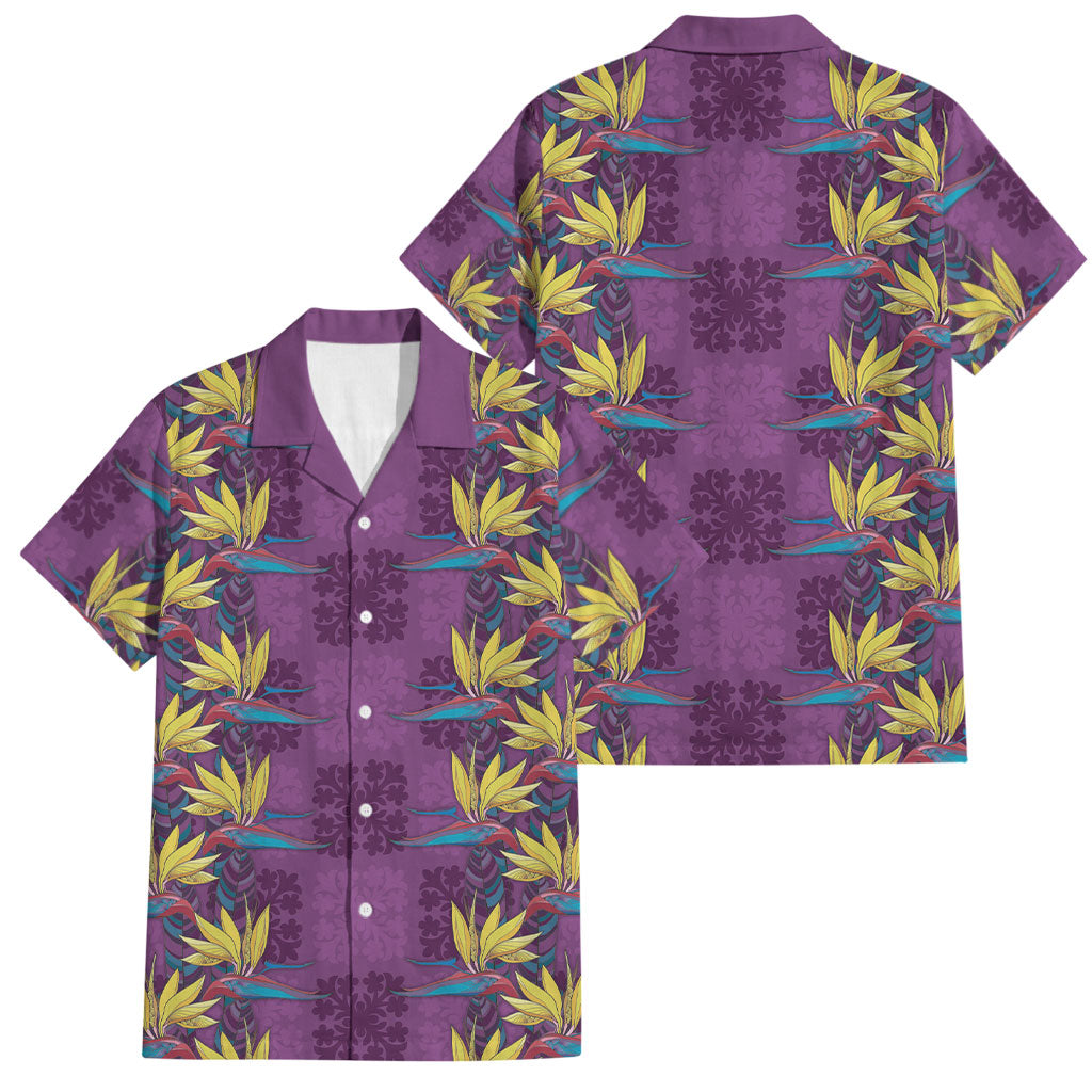 Hawaii Waikiki King Family Matching Mermaid Dress and Hawaiian Shirt Purple Quilt With Pua Manu LT05 Dad's Shirt - Short Sleeve Purple - Polynesian Pride