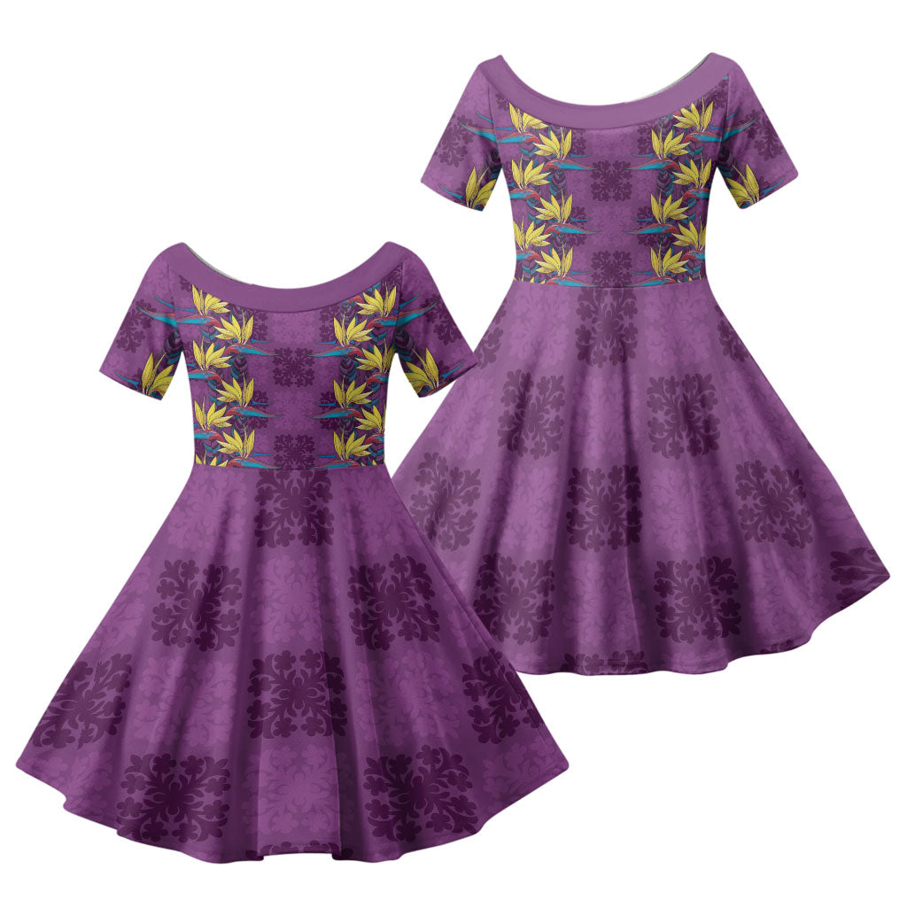 Hawaii Waikiki King Family Matching Mermaid Dress and Hawaiian Shirt Purple Quilt With Pua Manu LT05 Daughter's Dress Purple - Polynesian Pride