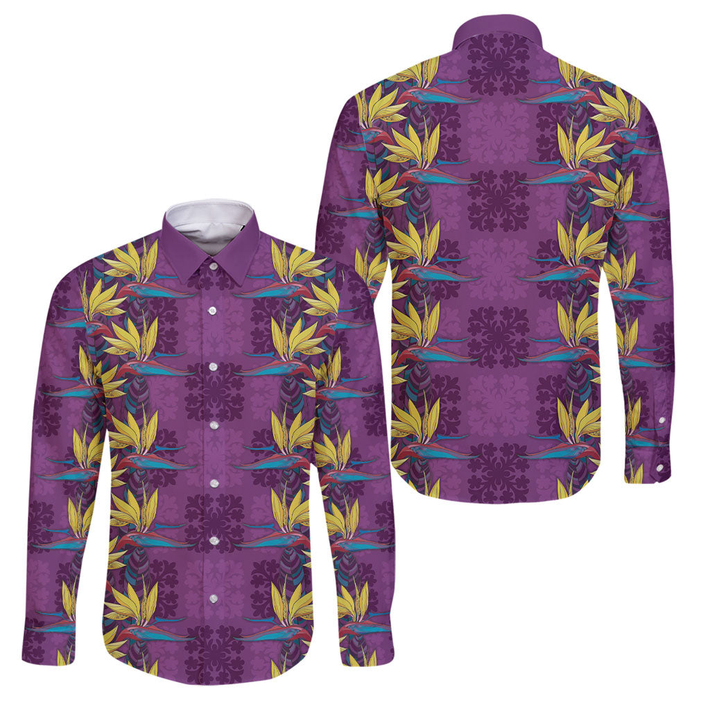 Hawaii Waikiki King Family Matching Off Shoulder Short Dress and Hawaiian Shirt Purple Quilt With Pua Manu LT05 Dad's Shirt - Long Sleeve Purple - Polynesian Pride