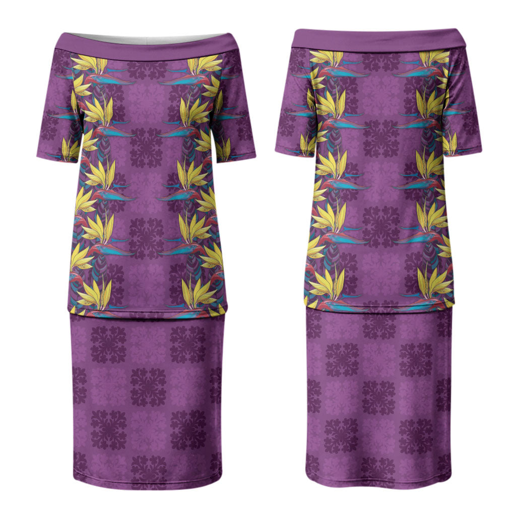 Hawaii Waikiki King Family Matching Puletasi and Hawaiian Shirt Purple Quilt With Pua Manu LT05 Mom's Dress Purple - Polynesian Pride