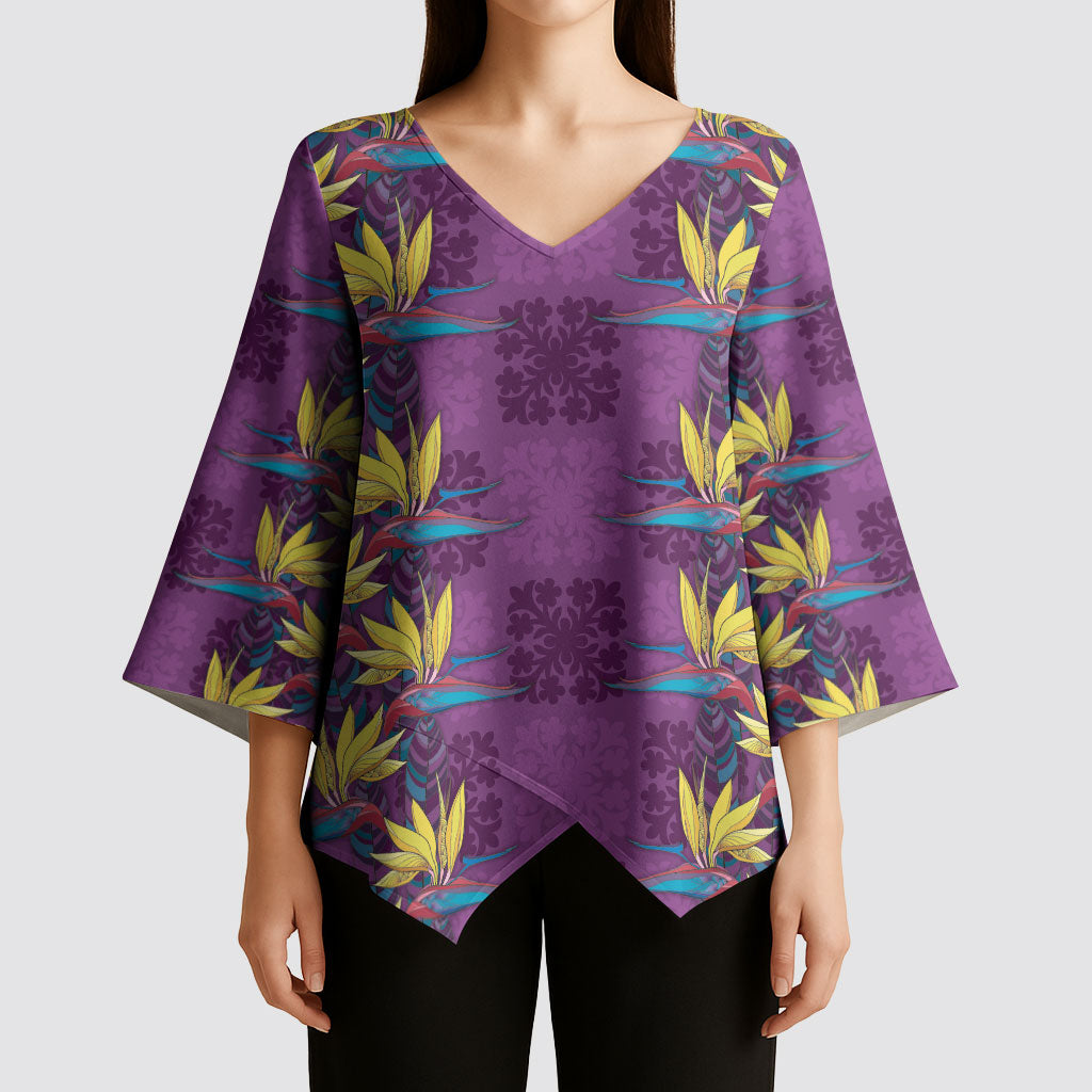 Hawaii Waikiki King Kimono Sleeve Blouse Purple Quilt With Pua Manu LT05 - Polynesian Pride