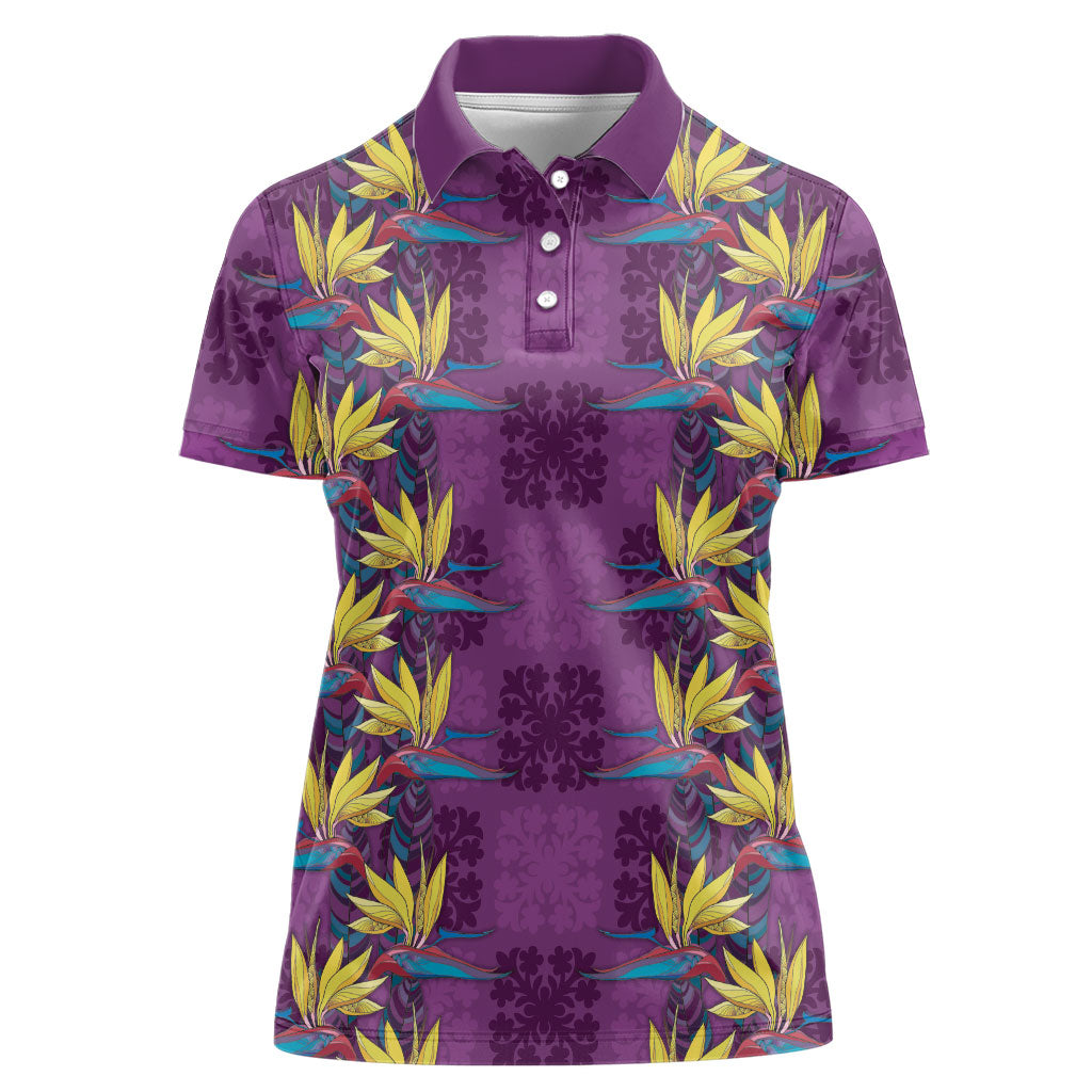 Hawaii Waikiki King Women Polo Shirt Purple Quilt With Pua Manu