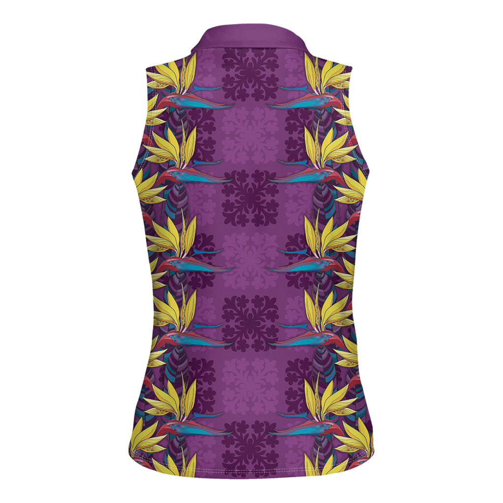 Hawaii Waikiki King Women Sleeveless Polo Shirt Purple Quilt With Pua Manu LT05 - Polynesian Pride