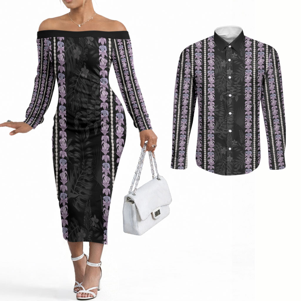 Hawaii Queen Liliuokalani Couples Matching Off The Shoulder Long Sleeve Dress and Long Sleeve Button Shirt Hawaiian Lei Pua Kalaunu