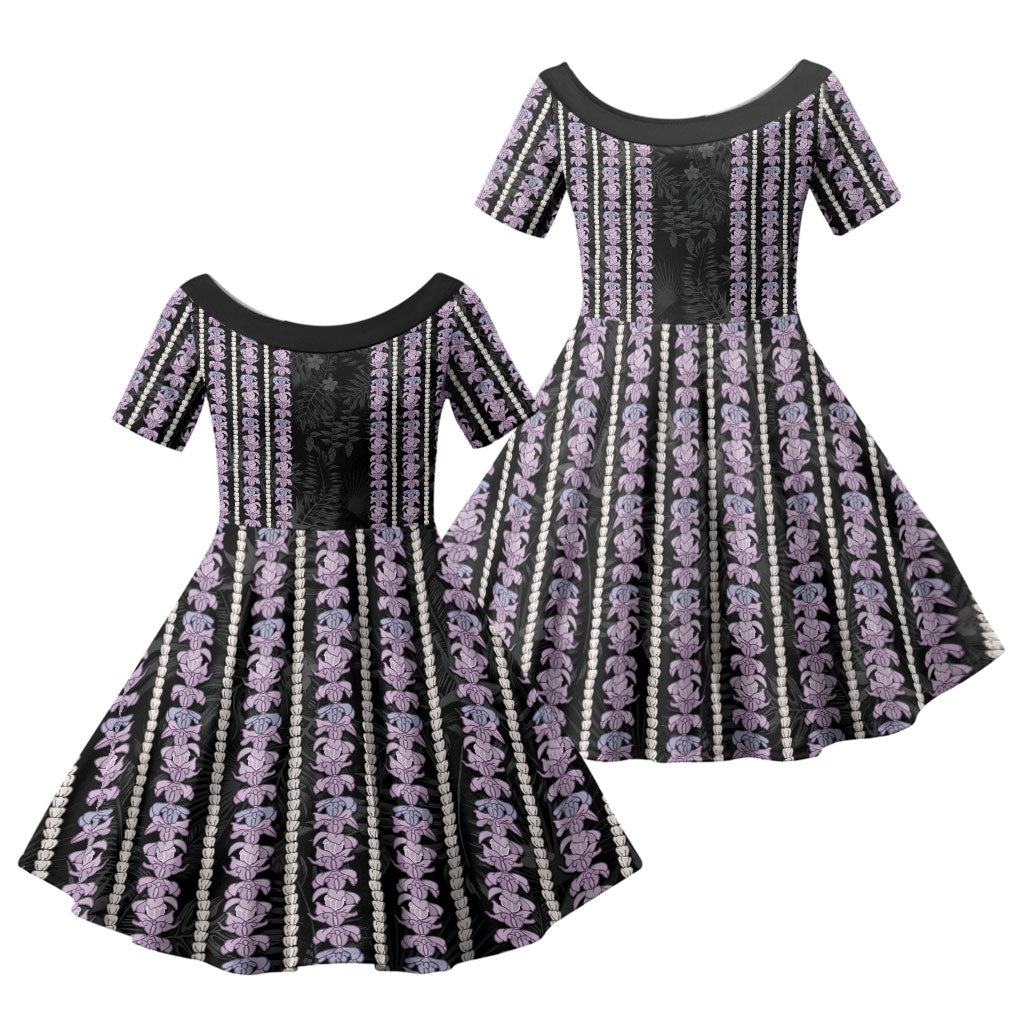 Hawaii Queen Liliuokalani Family Matching Puletasi and Hawaiian Shirt Hawaiian Lei Pua Kalaunu LT05 Daughter's Dress Black - Polynesian Pride