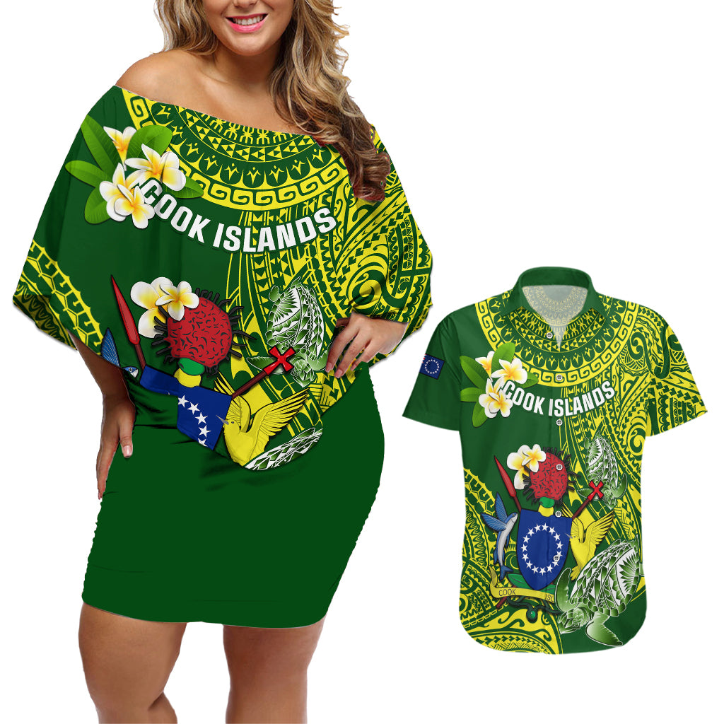 Personalized Cook Islands Couples Matching Off Shoulder Short Dress and Hawaiian Shirt Coat Of Arms Plumeria Polynesian Turtle LT05 Green - Polynesian Pride