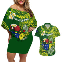 Personalized Cook Islands Couples Matching Off Shoulder Short Dress and Hawaiian Shirt Coat Of Arms Plumeria Polynesian Turtle LT05 Green - Polynesian Pride