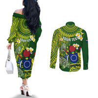 Personalized Cook Islands Couples Matching Off The Shoulder Long Sleeve Dress and Long Sleeve Button Shirts Coat Of Arms Plumeria Polynesian Turtle LT05 - Polynesian Pride