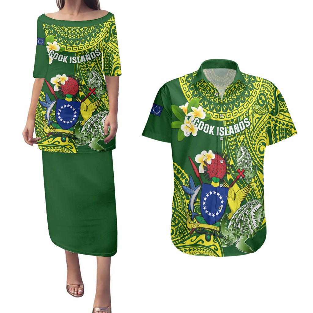 Personalized Cook Islands Couples Matching Puletasi Dress and Hawaiian Shirt Coat Of Arms Plumeria Polynesian Turtle LT05 Green - Polynesian Pride