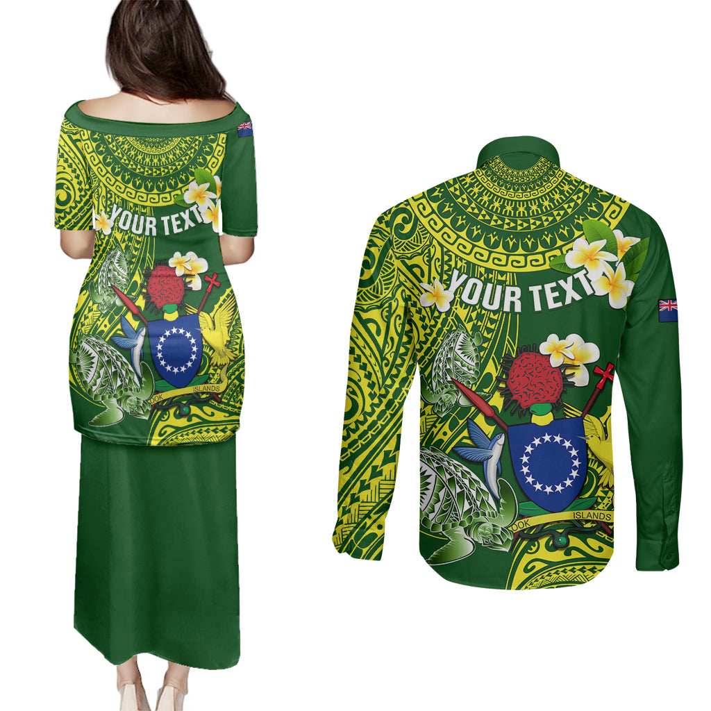Personalized Cook Islands Couples Matching Puletasi Dress and Long Sleeve Button Shirts Coat Of Arms Plumeria Polynesian Turtle LT05 - Polynesian Pride