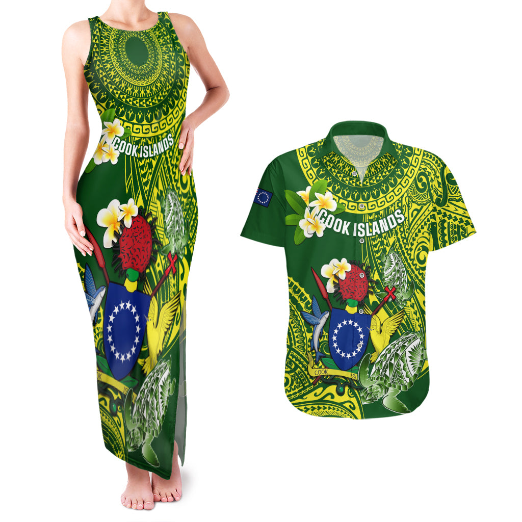 Personalized Cook Islands Couples Matching Tank Maxi Dress and Hawaiian Shirt Coat Of Arms Plumeria Polynesian Turtle LT05 Green - Polynesian Pride