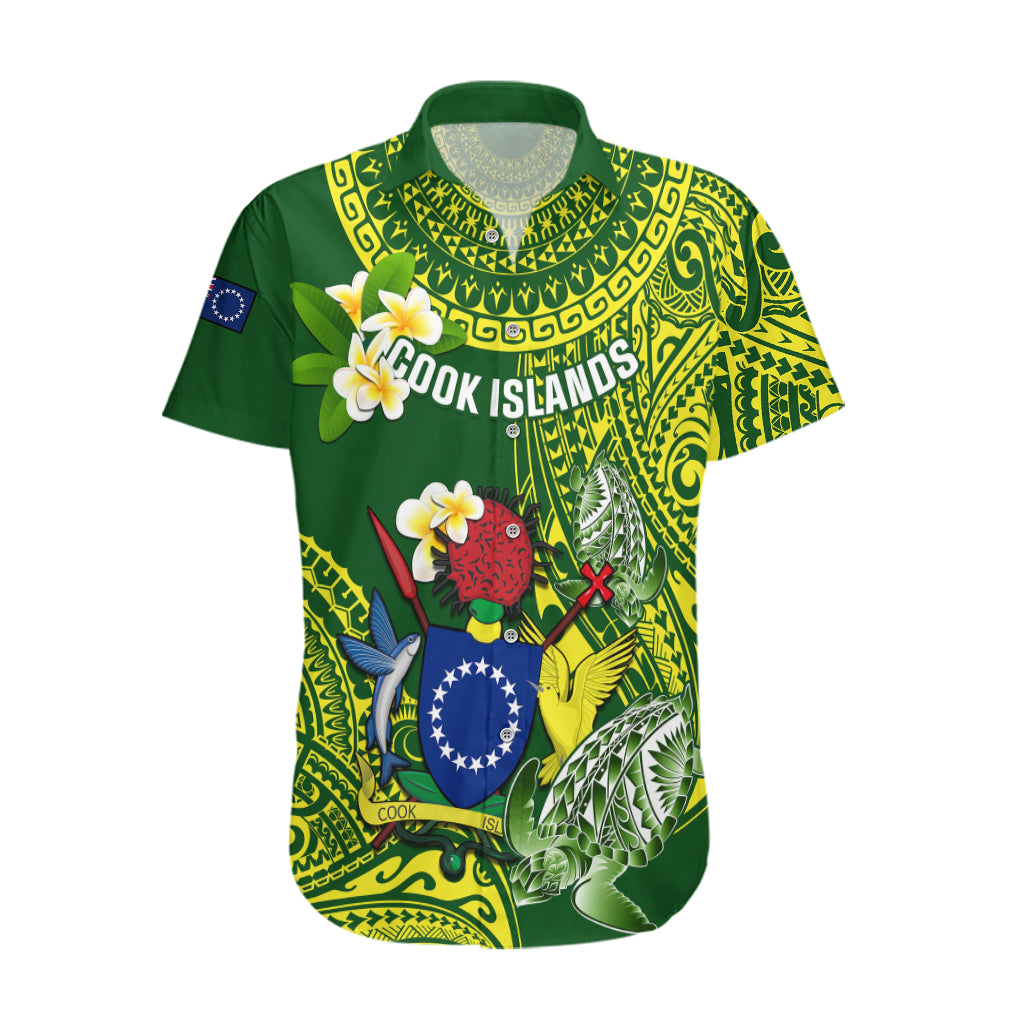 Personalized Cook Islands Hawaiian Shirt Coat Of Arms Plumeria Polynesian Turtle LT05 Green - Polynesian Pride
