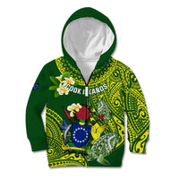 Personalized Cook Islands Kid Hoodie Coat Of Arms Plumeria Polynesian Turtle LT05 Zip Hoodie Green - Polynesian Pride
