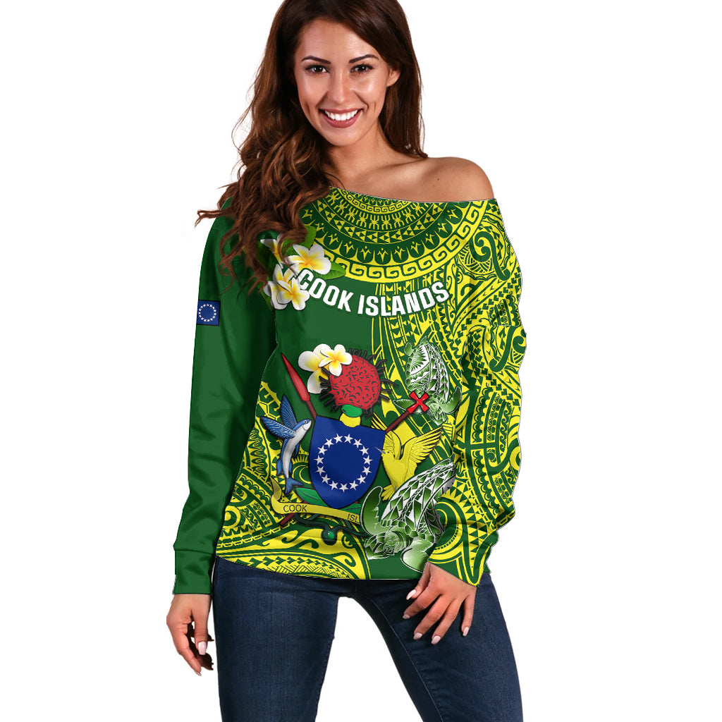 Personalized Cook Islands Off Shoulder Sweater Coat Of Arms Plumeria Polynesian Turtle LT05 Women Green - Polynesian Pride