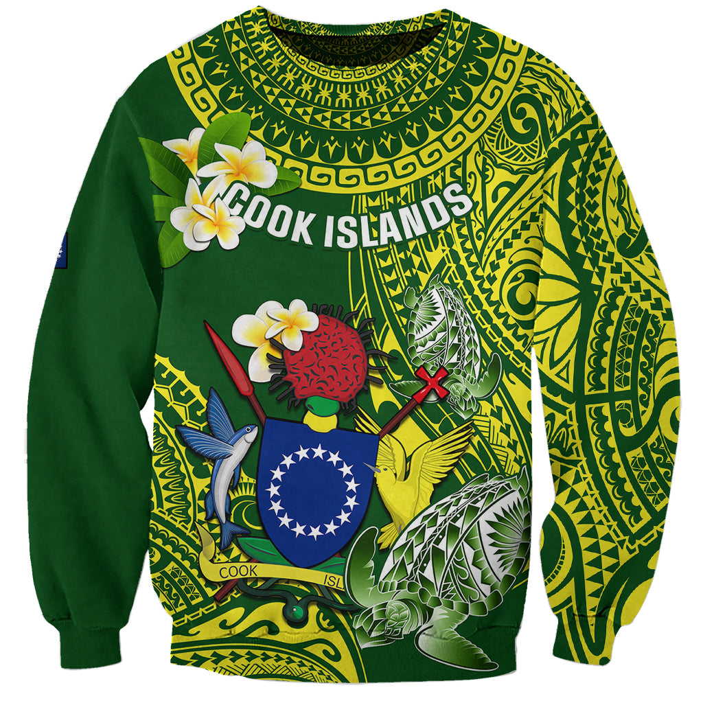 Personalized Cook Islands Sweatshirt Coat Of Arms Plumeria Polynesian Turtle LT05 Unisex Green - Polynesian Pride