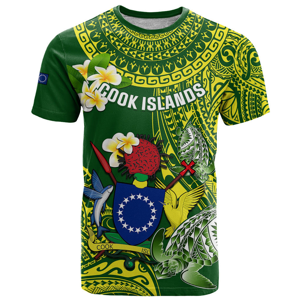 Personalized Cook Islands T Shirt Coat Of Arms Plumeria Polynesian Turtle LT05 Green - Polynesian Pride
