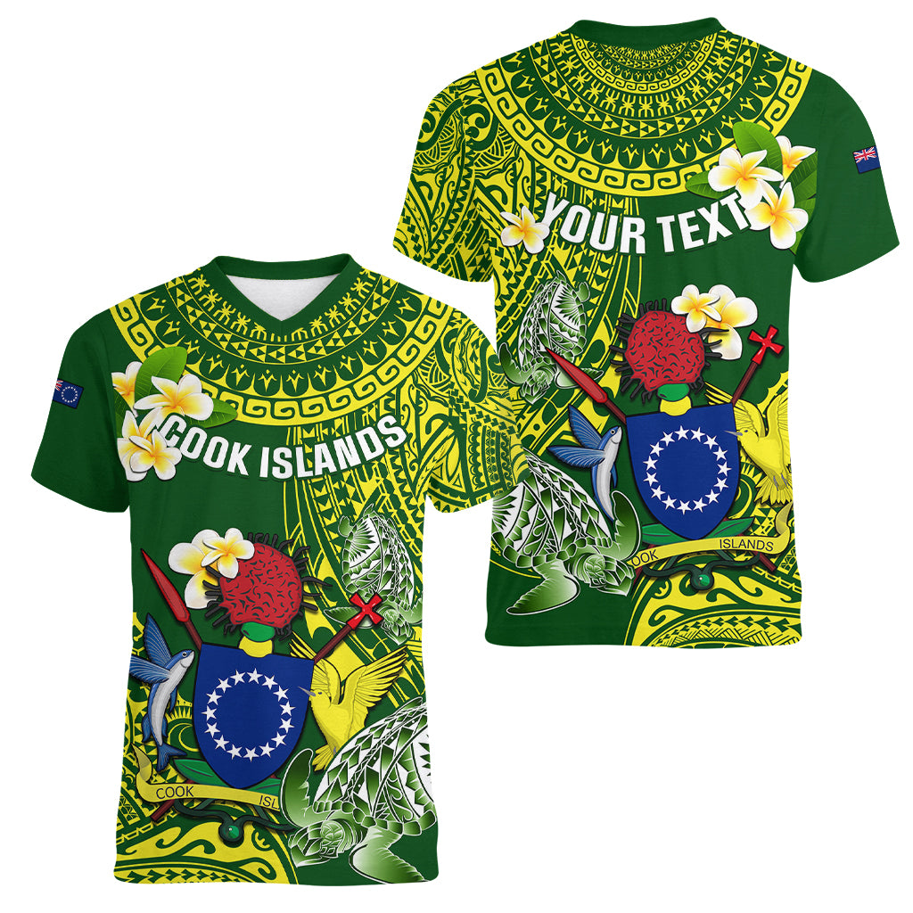 Personalized Cook Islands Women V Neck T Shirt Coat Of Arms Plumeria Polynesian Turtle LT05 - Polynesian Pride