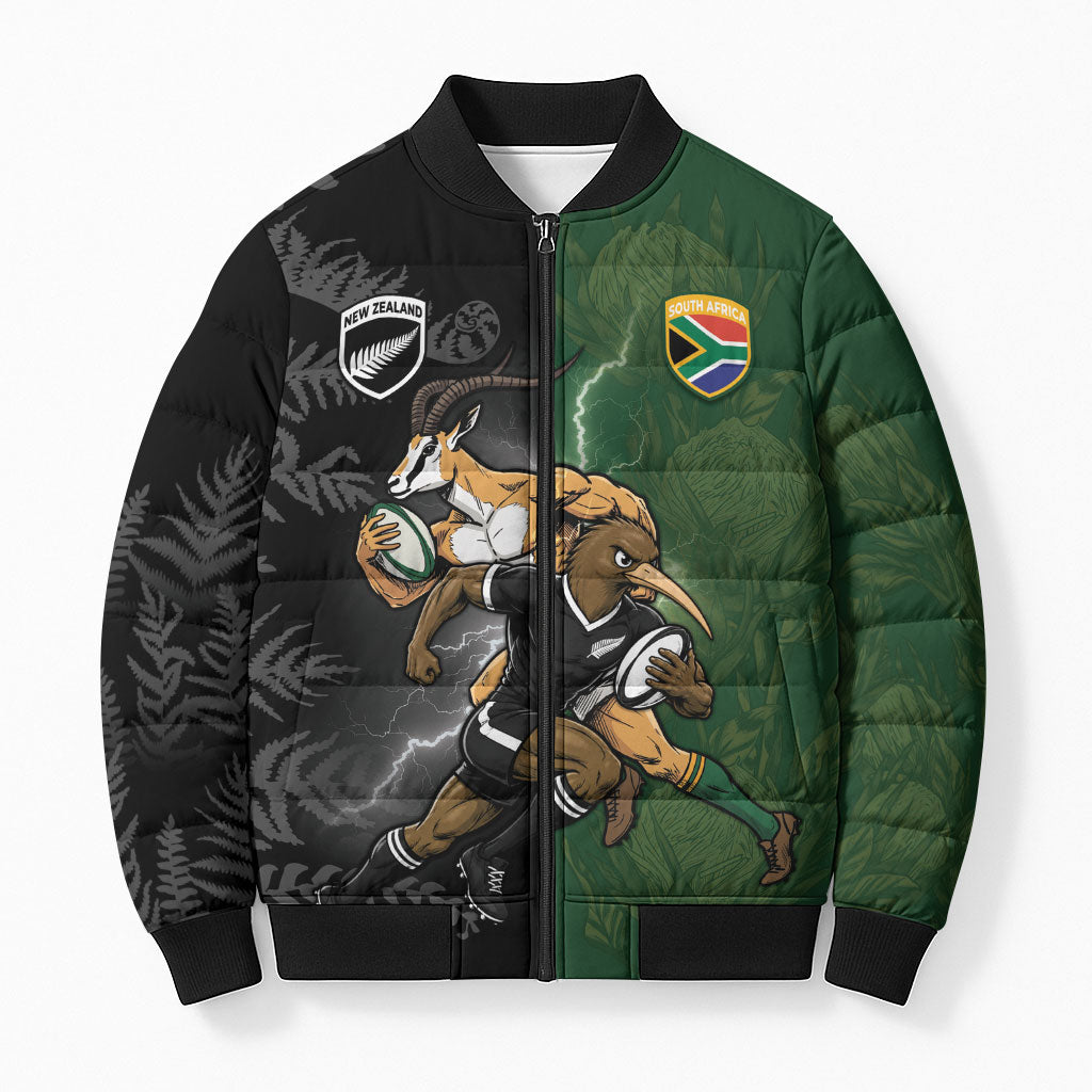 Custom South Africa And New Zealand Bomber Puffer Jacket Springboks And Kiwis Rugby Rivalry