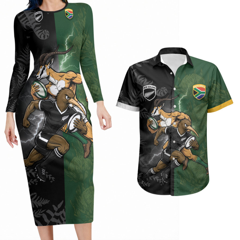 Custom South Africa And New Zealand Couples Matching Long Sleeve Bodycon Dress and Hawaiian Shirt Springboks And Kiwis Rugby Rivalry