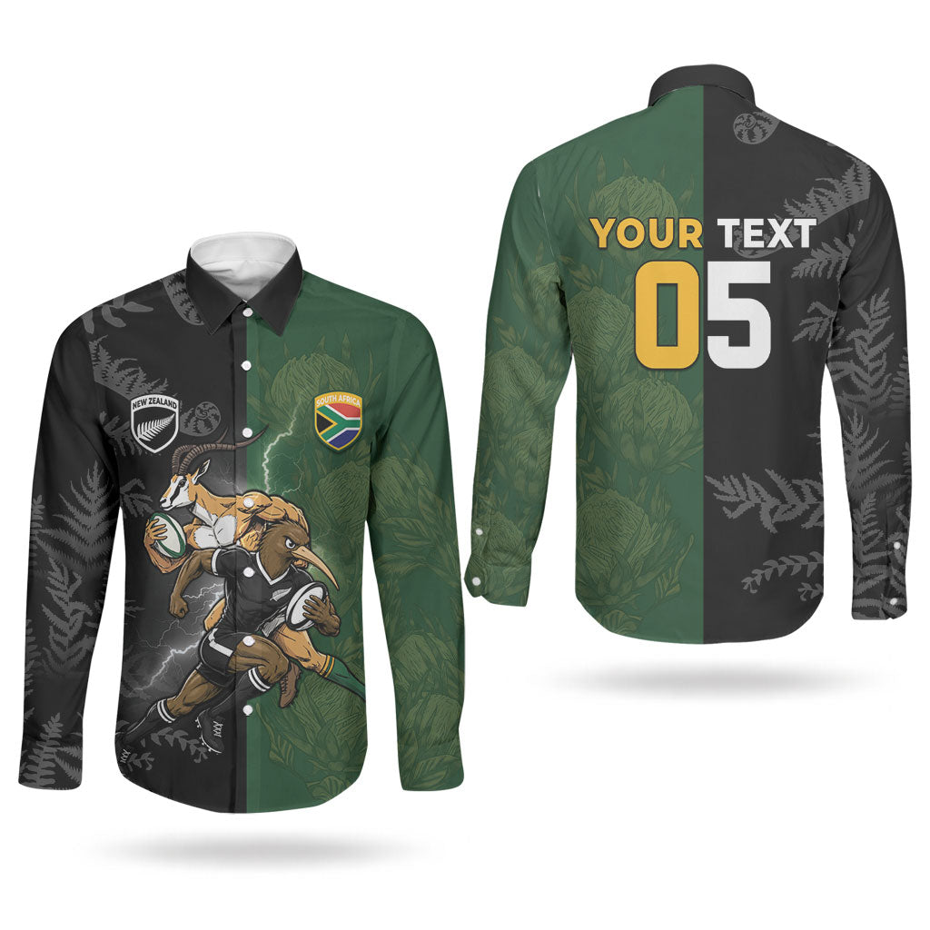 Custom South Africa And New Zealand Couples Matching Long Sleeve Bodycon Dress and Long Sleeve Button Shirt Springboks And Kiwis Rugby Rivalry