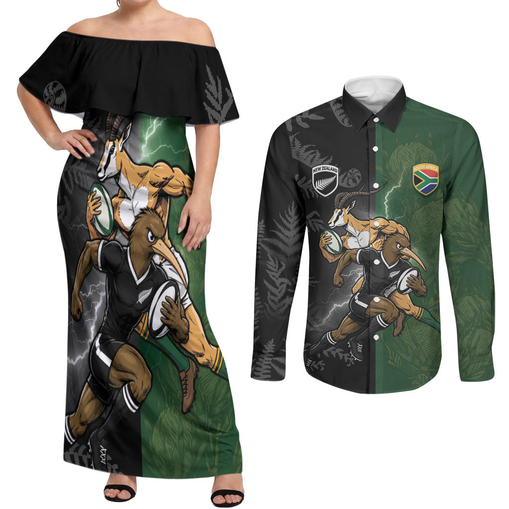 Custom South Africa And New Zealand Couples Matching Off Shoulder Maxi Dress and Long Sleeve Button Shirt Springboks And Kiwis Rugby Rivalry