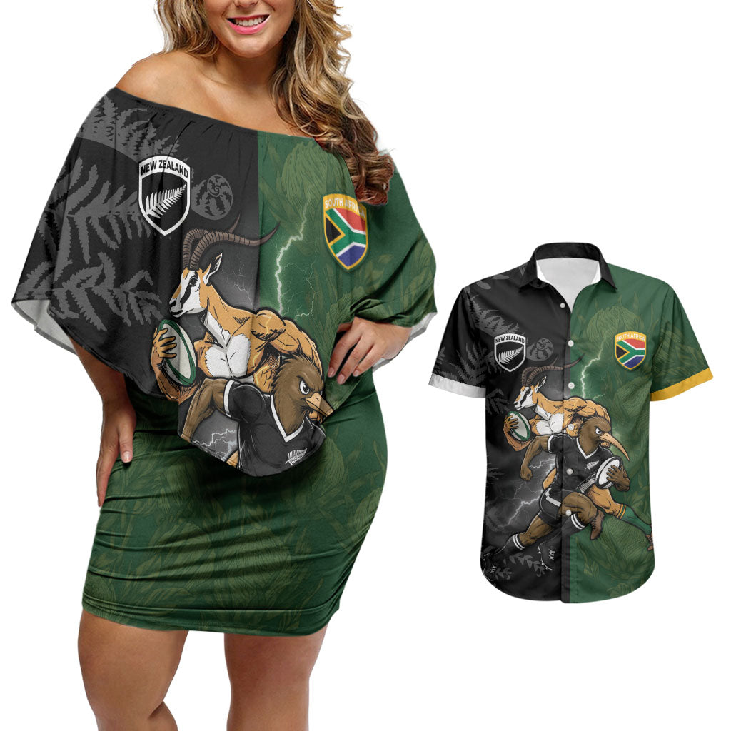 Custom South Africa And New Zealand Couples Matching Off Shoulder Short Dress and Hawaiian Shirt Springboks And Kiwis Rugby Rivalry