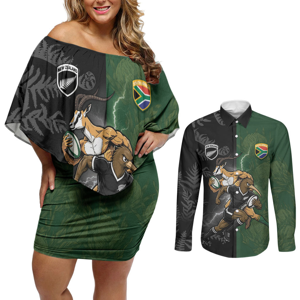 Custom South Africa And New Zealand Couples Matching Off Shoulder Short Dress and Long Sleeve Button Shirt Springboks And Kiwis Rugby Rivalry