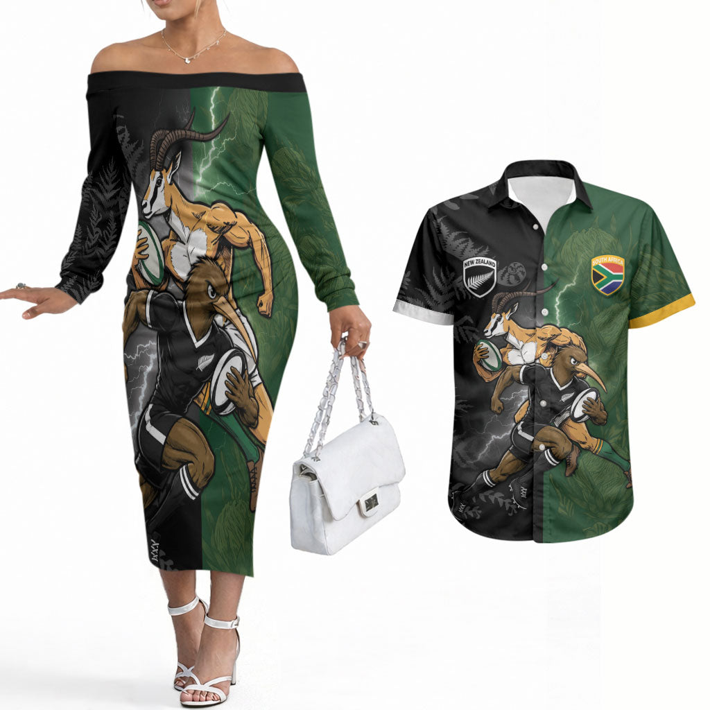 Custom South Africa And New Zealand Couples Matching Off The Shoulder Long Sleeve Dress and Hawaiian Shirt Springboks And Kiwis Rugby Rivalry