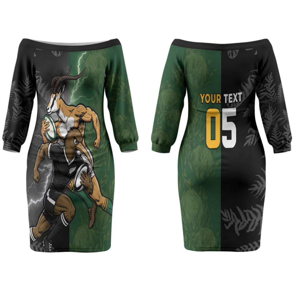 Custom South Africa And New Zealand Couples Matching Off The Shoulder Long Sleeve Dress and Long Sleeve Button Shirt Springboks And Kiwis Rugby Rivalry