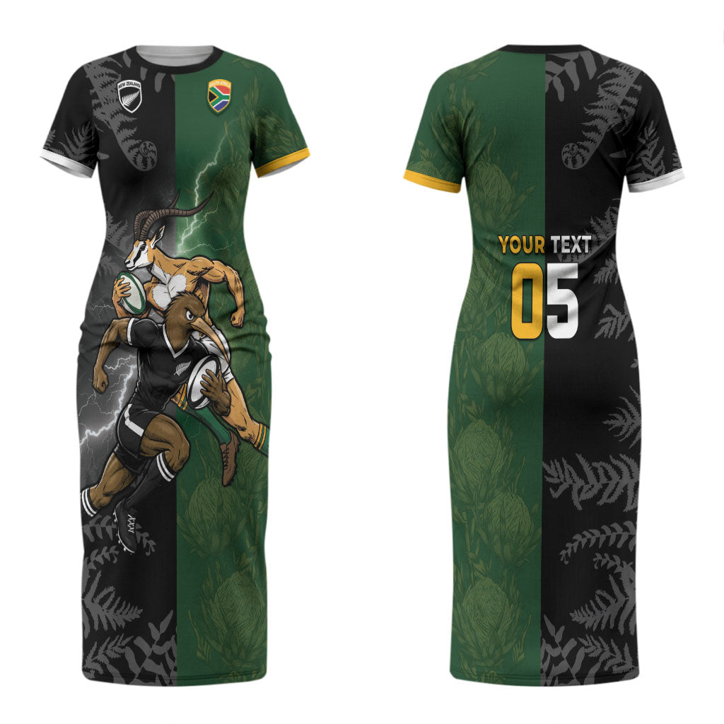 Custom South Africa And New Zealand Couples Matching Short Sleeve Bodycon Dress and Hawaiian Shirt Springboks And Kiwis Rugby Rivalry