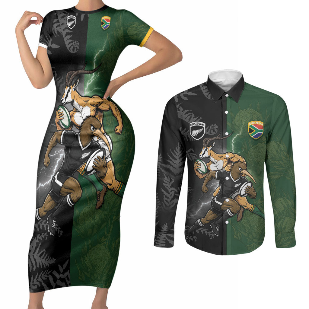 Custom South Africa And New Zealand Couples Matching Short Sleeve Bodycon Dress and Long Sleeve Button Shirt Springboks And Kiwis Rugby Rivalry