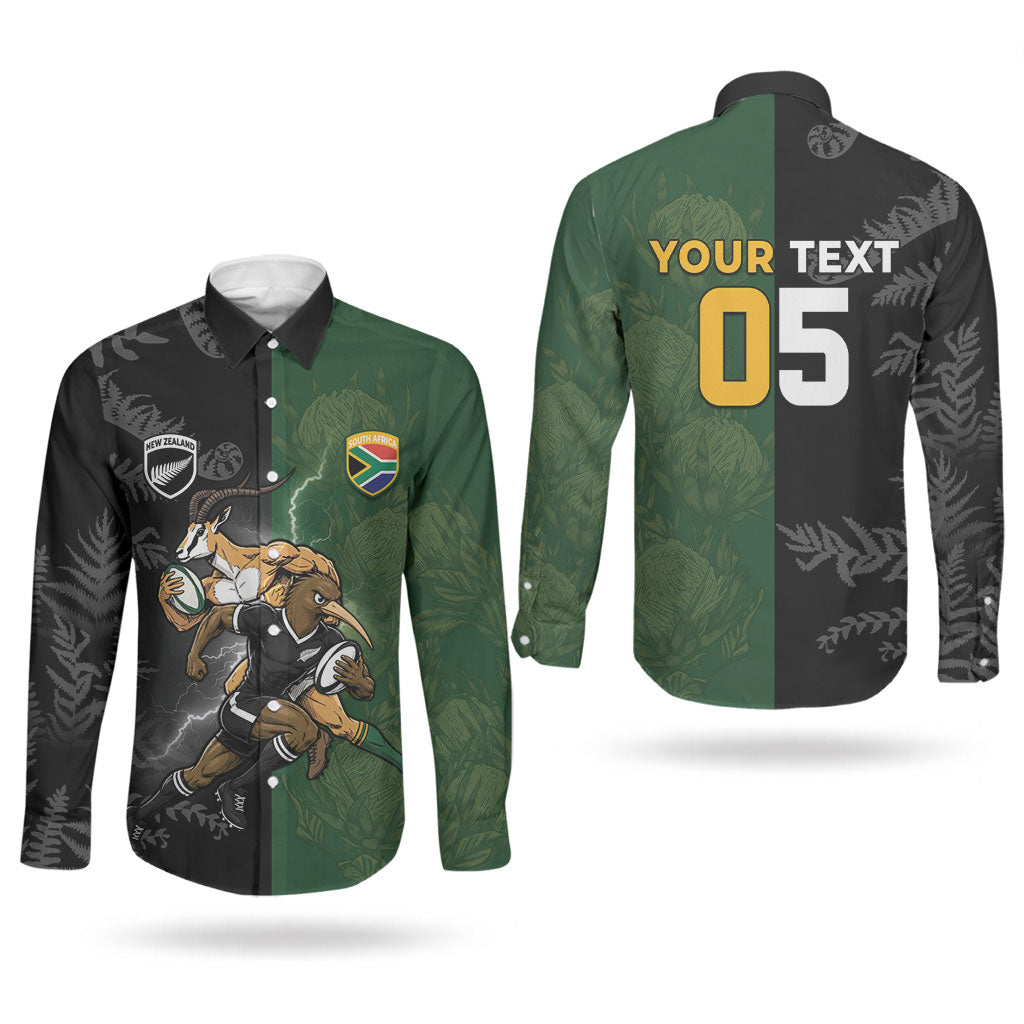 Custom South Africa And New Zealand Couples Matching Short Sleeve Bodycon Dress and Long Sleeve Button Shirt Springboks And Kiwis Rugby Rivalry
