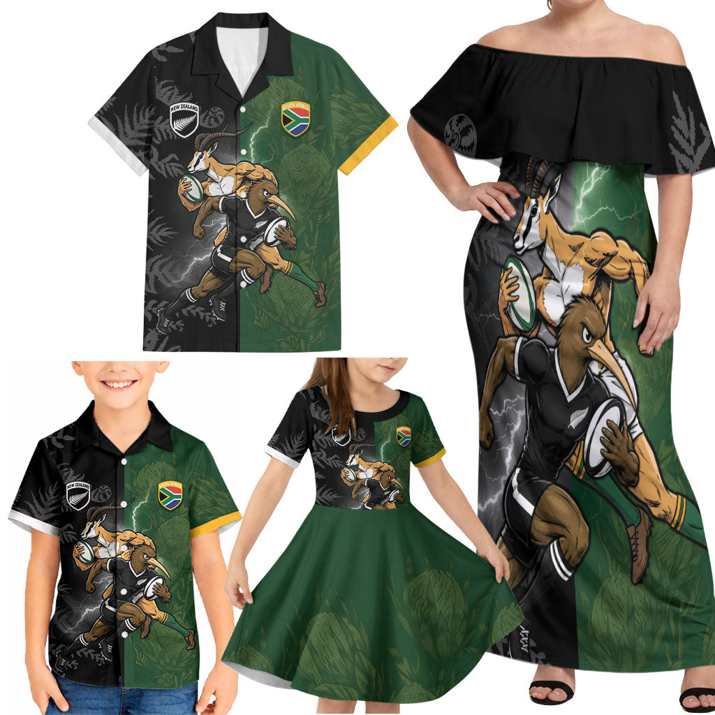 Custom South Africa And New Zealand Family Matching Off Shoulder Maxi Dress and Hawaiian Shirt Springboks And Kiwis Rugby Rivalry
