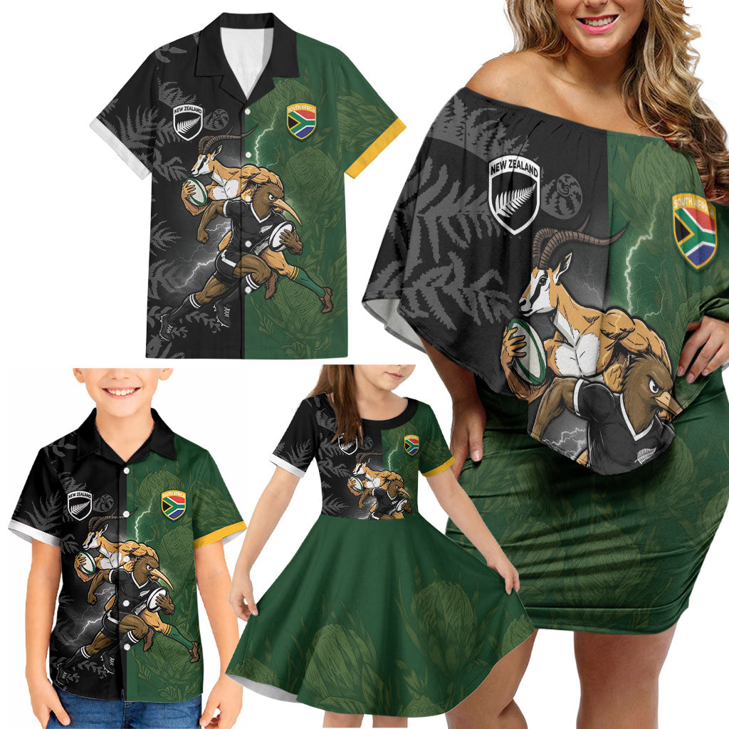 Custom South Africa And New Zealand Family Matching Off Shoulder Short Dress and Hawaiian Shirt Springboks And Kiwis Rugby Rivalry