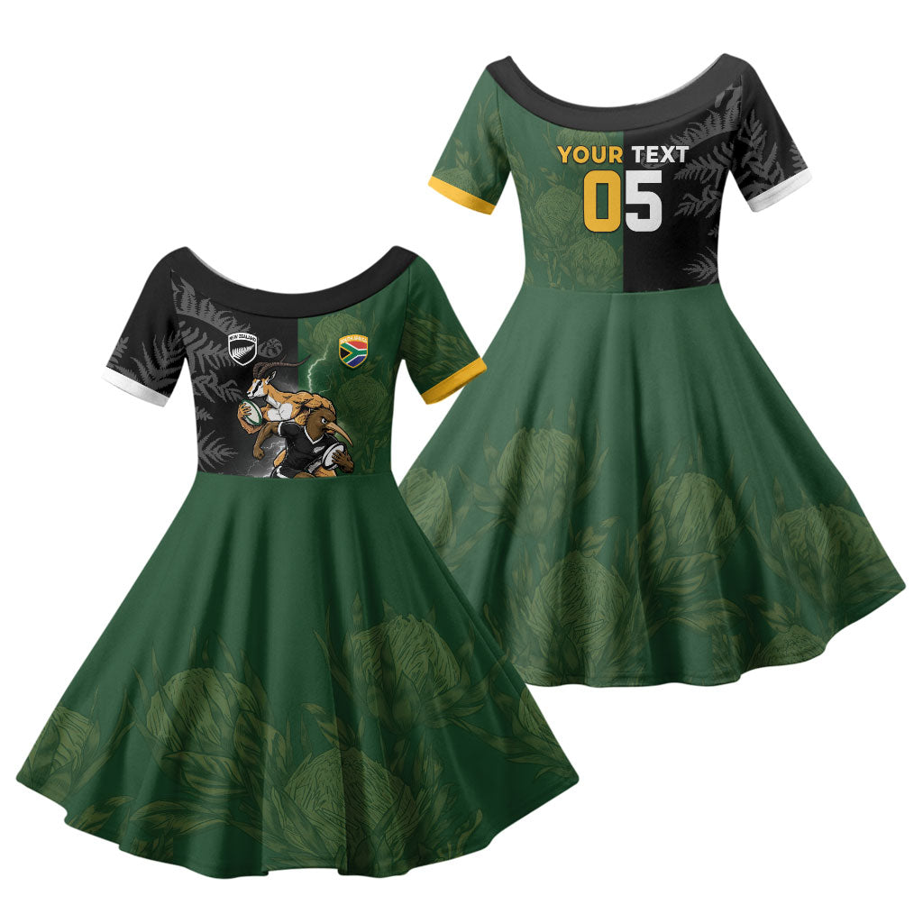Custom South Africa And New Zealand Family Matching Off Shoulder Short Dress and Hawaiian Shirt Springboks And Kiwis Rugby Rivalry