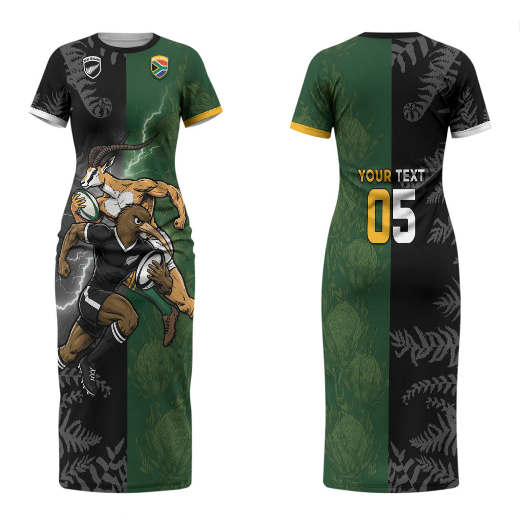 Custom South Africa And New Zealand Family Matching Short Sleeve Bodycon Dress and Hawaiian Shirt Springboks And Kiwis Rugby Rivalry