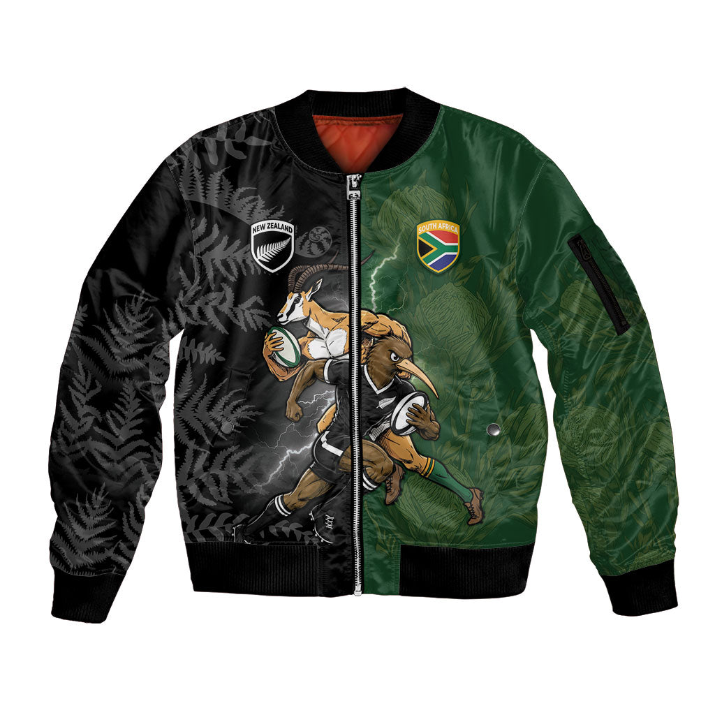 Custom South Africa And New Zealand Sleeve Zip Bomber Jacket Springboks And Kiwis Rugby Rivalry