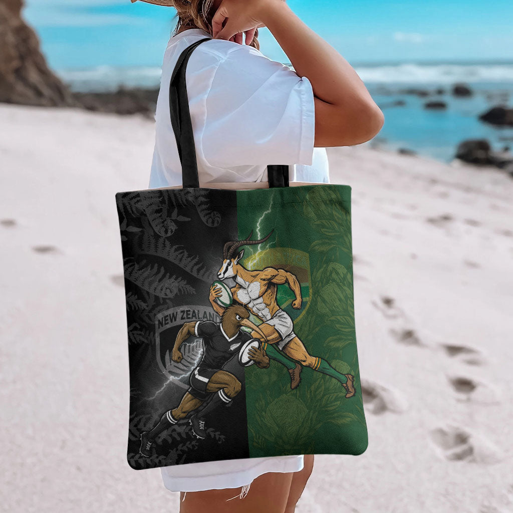 South Africa And New Zealand Tote Bag Springboks And Kiwis Rugby Rivalry