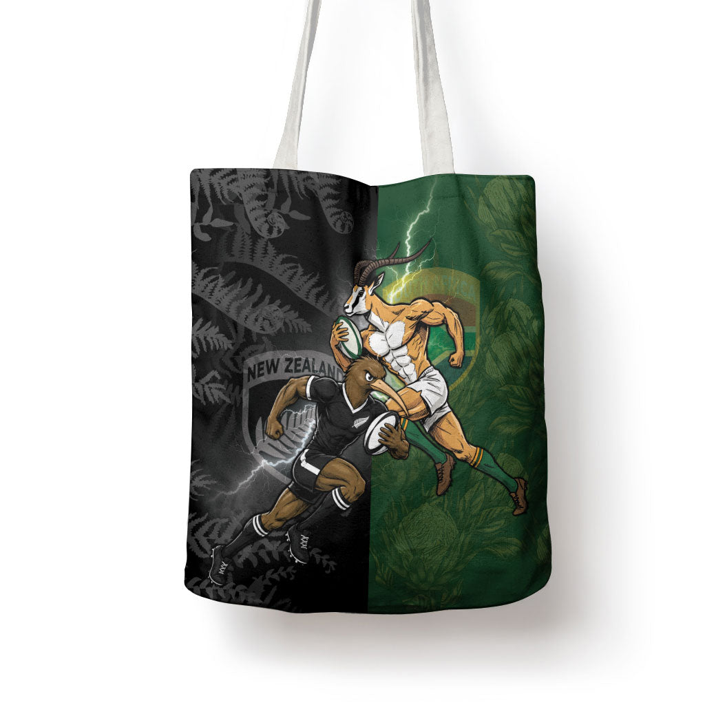 South Africa And New Zealand Tote Bag Springboks And Kiwis Rugby Rivalry