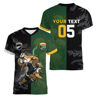 Custom South Africa And New Zealand Women V-Neck T-Shirt Springboks And Kiwis Rugby Rivalry
